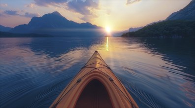 A kayak is in the lake with the sun setting in the background. Serenity and tranquility, AI