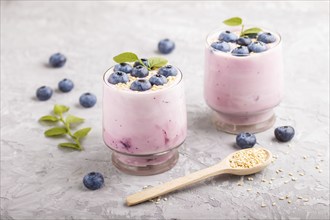 Yoghurt with blueberry and sesame in a glass and wooden spoon on gray concrete background. side