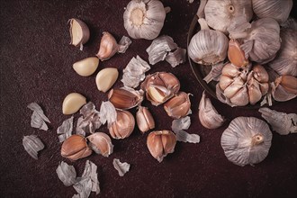 Fresh garlic, on a dark background, top view, food concept