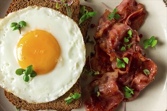 Breakfast, fried egg with bacon, micro-green, on a light background, no people, selective focus