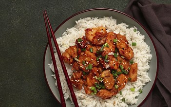 Fried chicken teriyaki with rice, green onion and sesame, homemade, no people