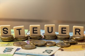 Symbolic image of taxes: The word tax is written on euro coins with letter cubes