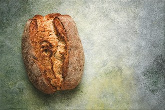 Fresh bread, sourdough, oval shape, top view, rustic style