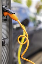 Electric cars at charging stations, Dresden, Saxony, Germany, Europe