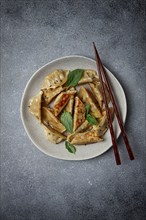 Japanese fried gyoza dumplings, with pork, sesame seeds, green onions