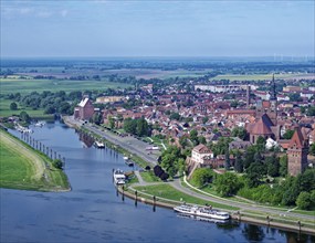 Aerial view of the mouth of the Tanger into the Elbe and the harbour of Tangermünde. Hanseatic town