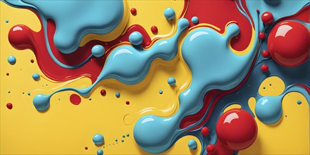 Abstract image with vibrant blue and red blobs and liquid shapes on a yellow background, AI