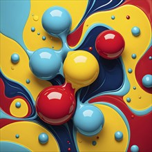 Abstract image with vibrant blue and red blobs and liquid shapes on a yellow background, AI