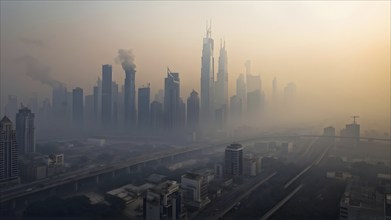 Aerial view of a mega city with smog and pollution, AI generated