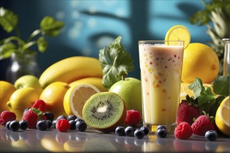 Smoothie surrounded by an assortment of fruits and vegetables, AI generated