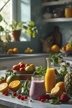 Smoothie surrounded by an assortment of fruits and vegetables, AI generated