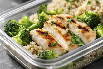 Meal prep with healthy grilled chicken breast, broccoli vegetable and quinoa. Generative Ai, AI