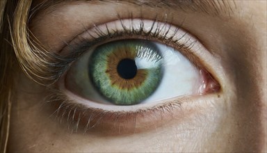 Woman, close-up of a green eye with detailed iris and eyelashes, AI generated, AI generated