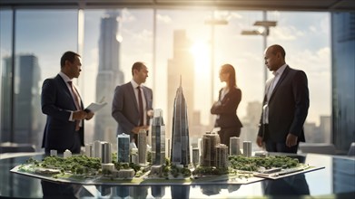 Architecture model of skyscraper with intricate details on a conference table in the office, AI