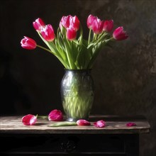 Vase of vibrant tulips aligned on an aged oak wood table, AI generated