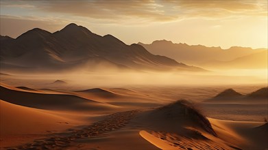 Namib desert landscape engulfed by fog in sunrise, AI generated