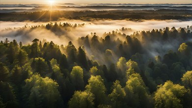 Aerial view of fog covered forest in summer with mystic golden sunlight, AI generated