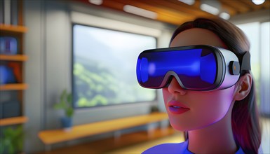 Three dimensional render of a woman wearing virtual reality glasses, AI generated