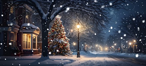 Christmas Eve with snowflakes fall under the light of a streetlamp with a decorated tree in the