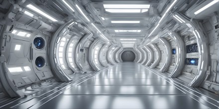 Three dimensional render of futuristic corridor inside a spaceship or space station, AI generated