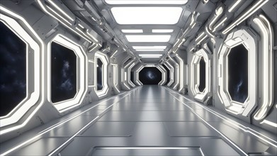 Three dimensional render of futuristic corridor inside a spaceship or space station, AI generated