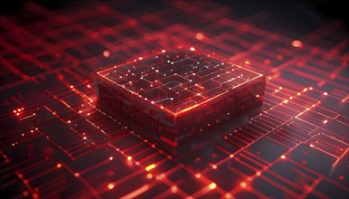 Three dimensional render of a red glowing blockchain cube, AI generated