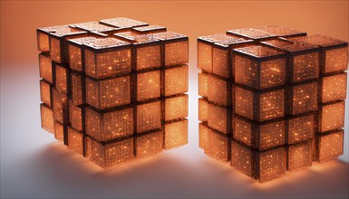 Three dimensional render of orange glowing blockchain cube, AI generated