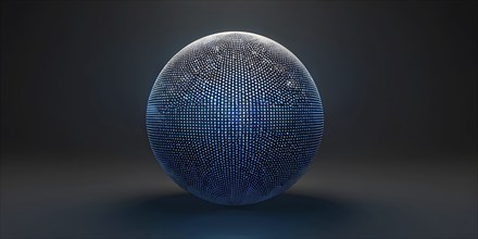 3D rendering of an abstract digital sphere composed of dots with a gradient background, AI