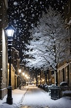 Christmas Eve with snowflakes fall under the light of a streetlamp with a decorated tree in the