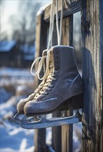 Pair of vintage ice skates hanging by their laces on an old wooden fence with frost and snow gently