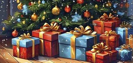 Abstract illustration of wrapped Christmas gifts, shiny ribbons and bows, stacked under a evergreen