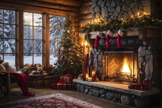 Traditional stone fireplace decorated for Christmas, with garlands, stockings, and candles, set in