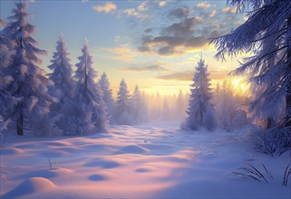 Peaceful snowy forest clearing at dawn with snow softly blanketing the ground and frost-covered