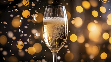 A close-up of a champagne glass with golden bubbles rising, AI generated