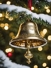 Vintage Christmas bell ornament hanging on a snow-dusted evergreen branch, capturing the intricate