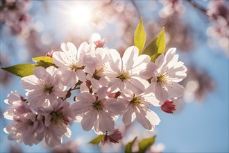 Blooming cherry blossoms with soft pink petals against a clear blue sky, with delicate sunlight