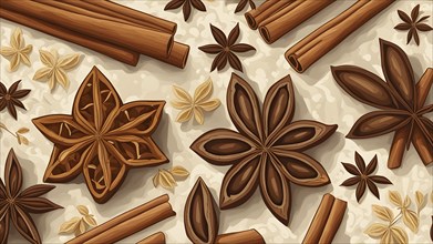 Abstract wallpaper illustration of Christmas spices like cinnamon sticks, star anise, and cloves,