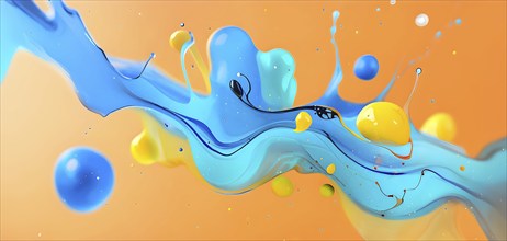 Abstract wallpaper with colorful turquoise and yellow blobs and liquid shapes on a orange