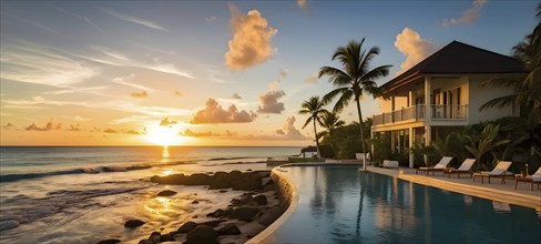 Sunrise at a caribbean coast real estate beach resort with tropical palms, AI generated