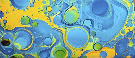 Abstract wallpaper with colorful blobs and liquid shapes on a green background, AI generated