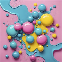 Abstract image with colorful yellow and turquoise blobs and liquid shapes on a pink background, AI