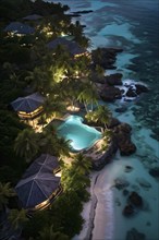 Aerial view of real estate beach resort at the Caribbean coast at night, AI generated