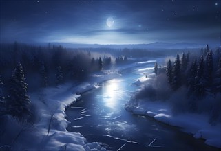 Serene winter night scene of a frozen river winding through a forest in moonlight, AI generated