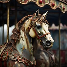 Carousel horse rusted and chipped paint embodying forgotten childhood dreams, AI generated