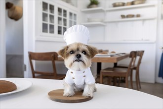 Small dog with chef hat on table. KI generiert, generiert AI generated