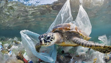 Symbolism, waste problem, plastic waste drifting in the sea and endangering animals, sea turtle,