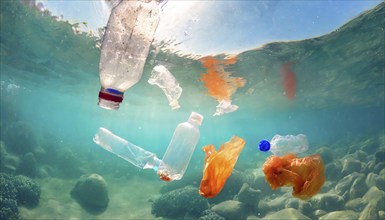 Symbolism, waste problem, plastic waste floating on the sea, AI-generated, AI-generated, AI