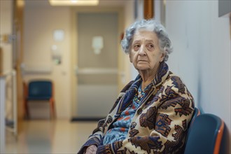 Back view of lonely elderly woman in retirement home. KI generiert, generiert, AI generated