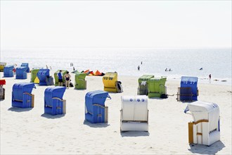 Colourful beach chairs, Föhr, North Frisian Islands, North Frisia, Schleswig-Holstein, Germany,