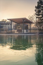 Outdoor pool with modern roofing at the edge of the pool, reflection of the sunset in the frozen